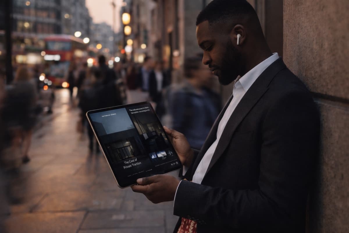 Professional reviewing a digital publication on a tablet