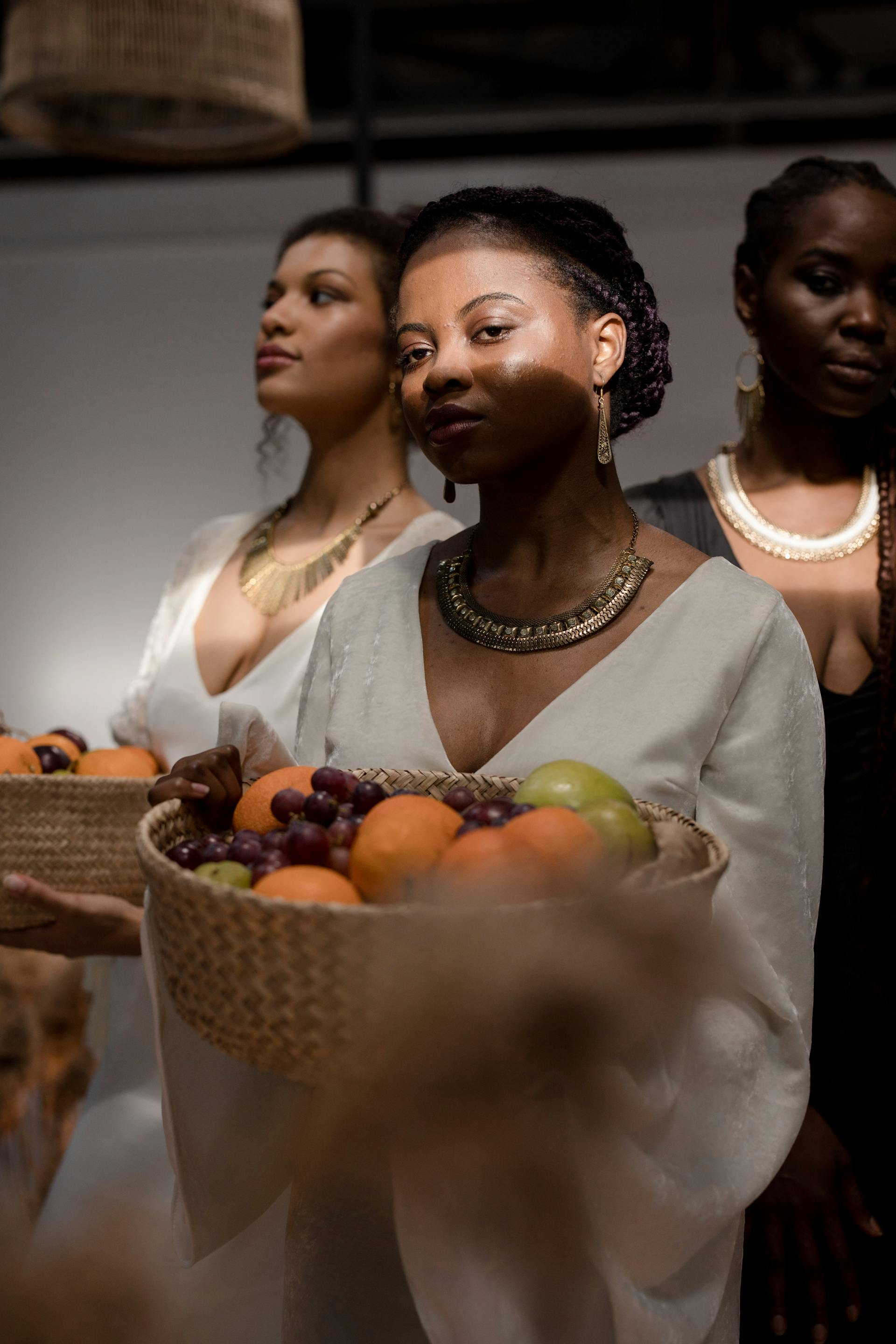 Close luxury runway portrait with sculptural styling