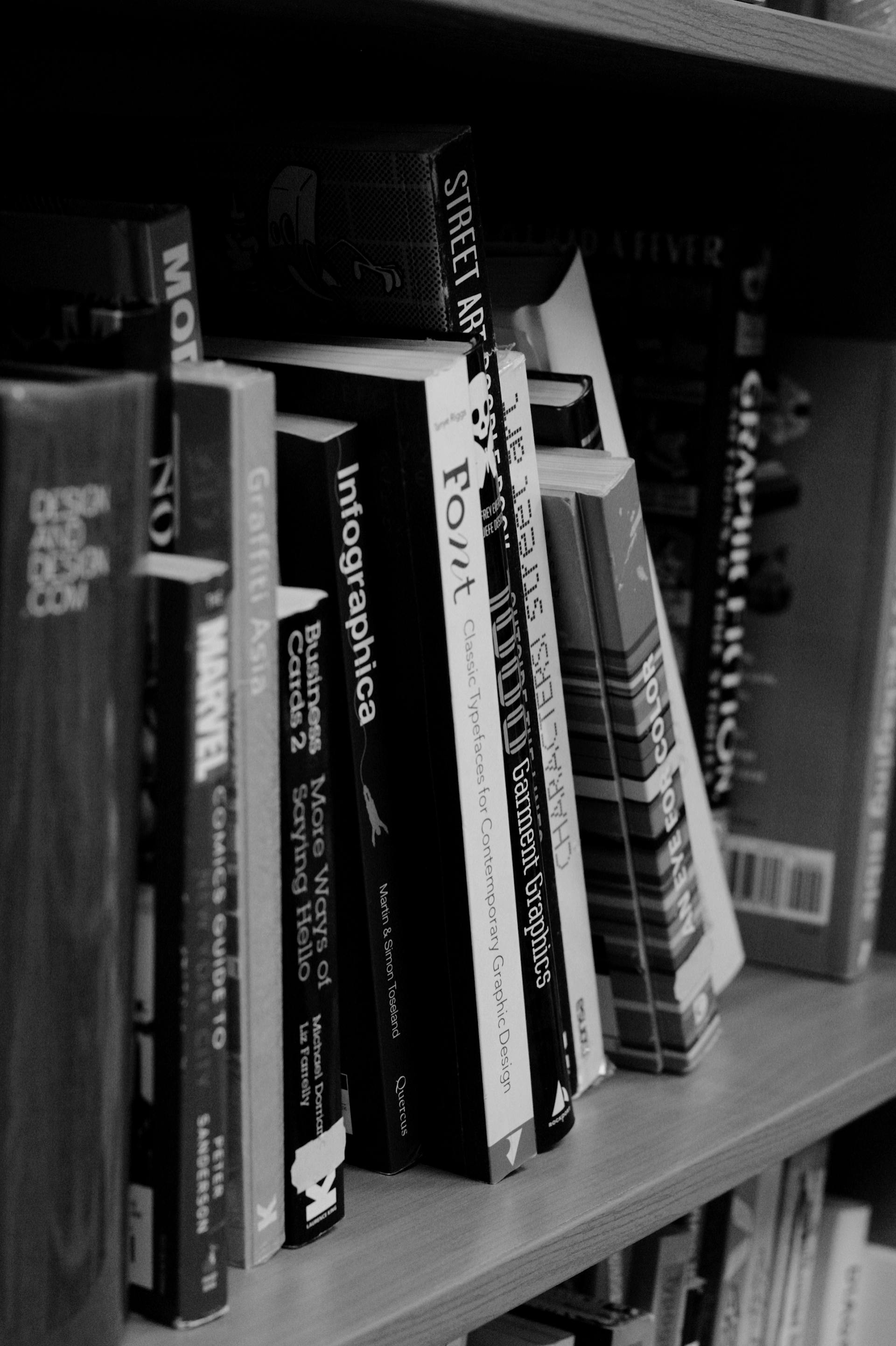 Monochrome shelves lined with printed publications