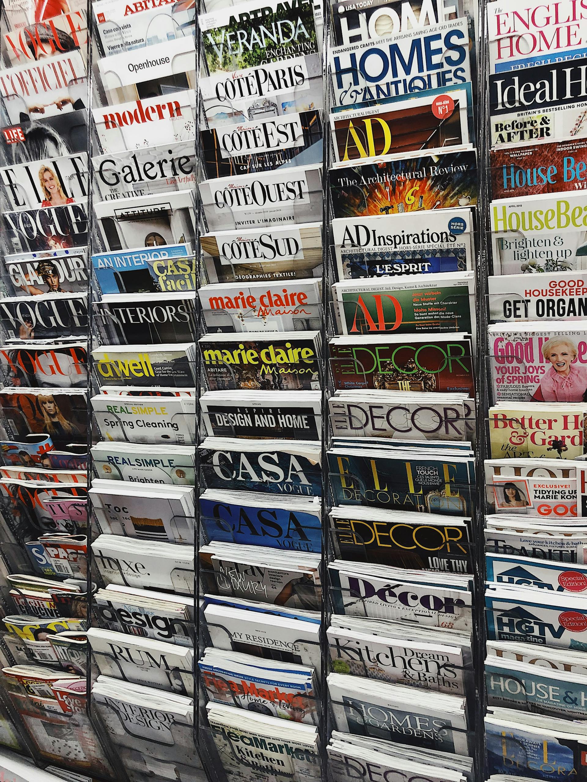Magazine stand packed with display-ready print titles